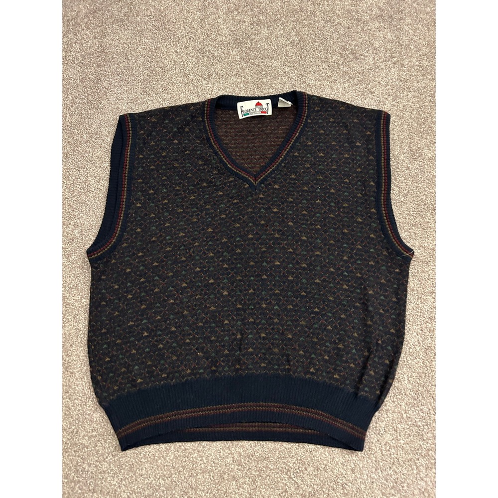Retro Florence Trico Sweater Vest Men Large Blue Wool Blend Made in Italy V-Neck